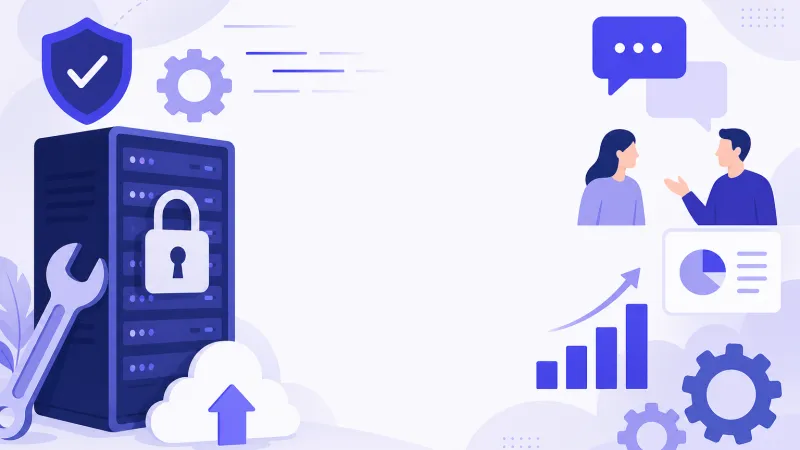 Illustration of a server with a padlock, a wrench and an update arrow.