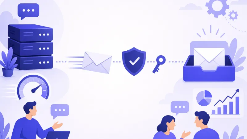 An envelope travels from a server past a shield and key into an inbox tray.