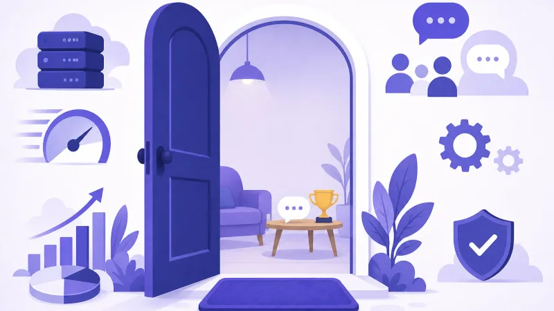 Open door with a welcome mat leading to a room with a speech bubble and a small trophy.