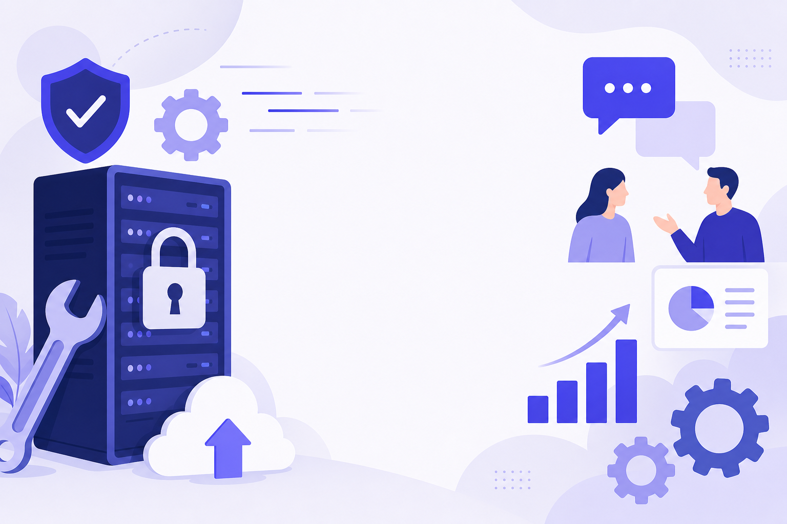 Illustration of a server with a padlock, a wrench and an update arrow.