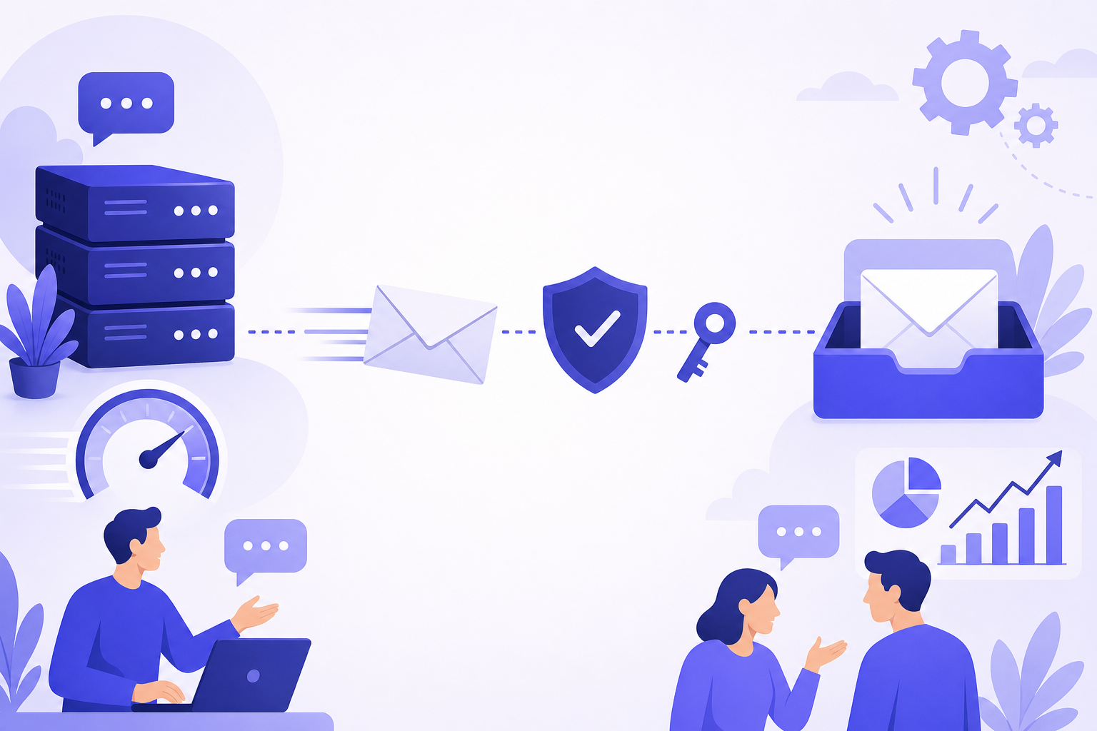 An envelope travels from a server past a shield and key into an inbox tray.