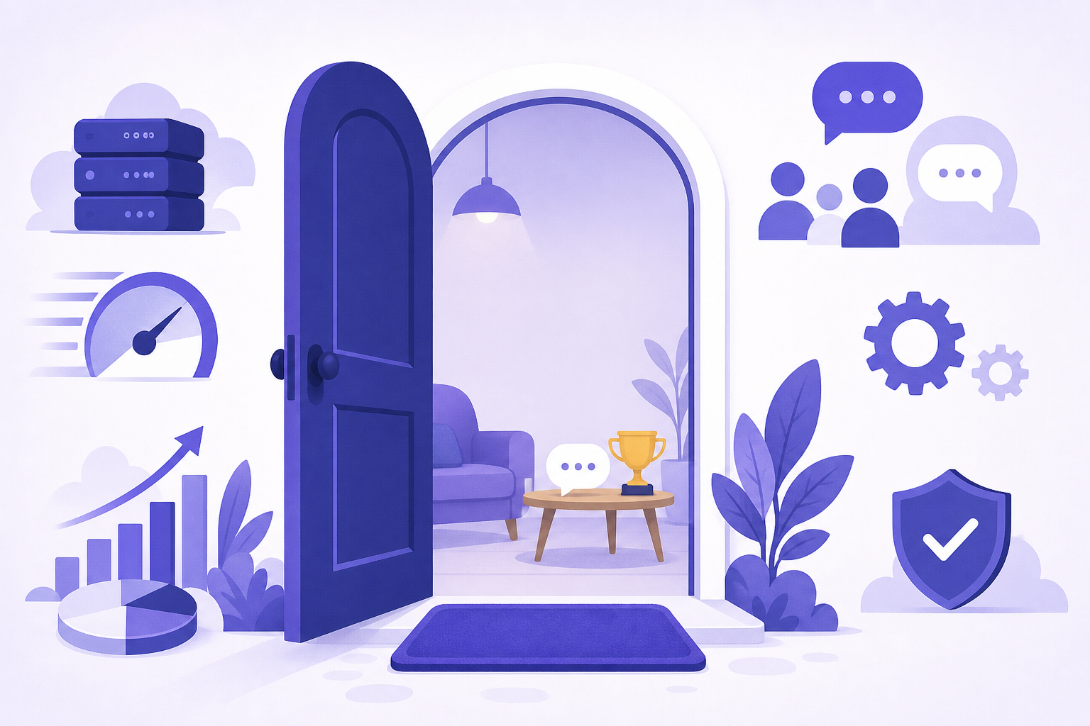 Open door with a welcome mat leading to a room with a speech bubble and a small trophy.